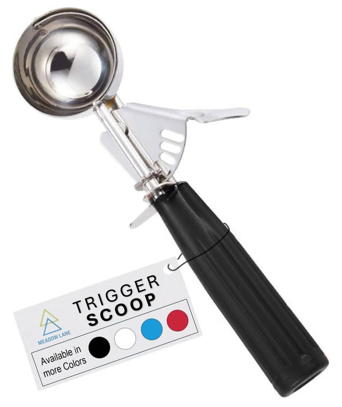 Black trigger ice cream scoop with stainless steel bowl and metal lever handle
