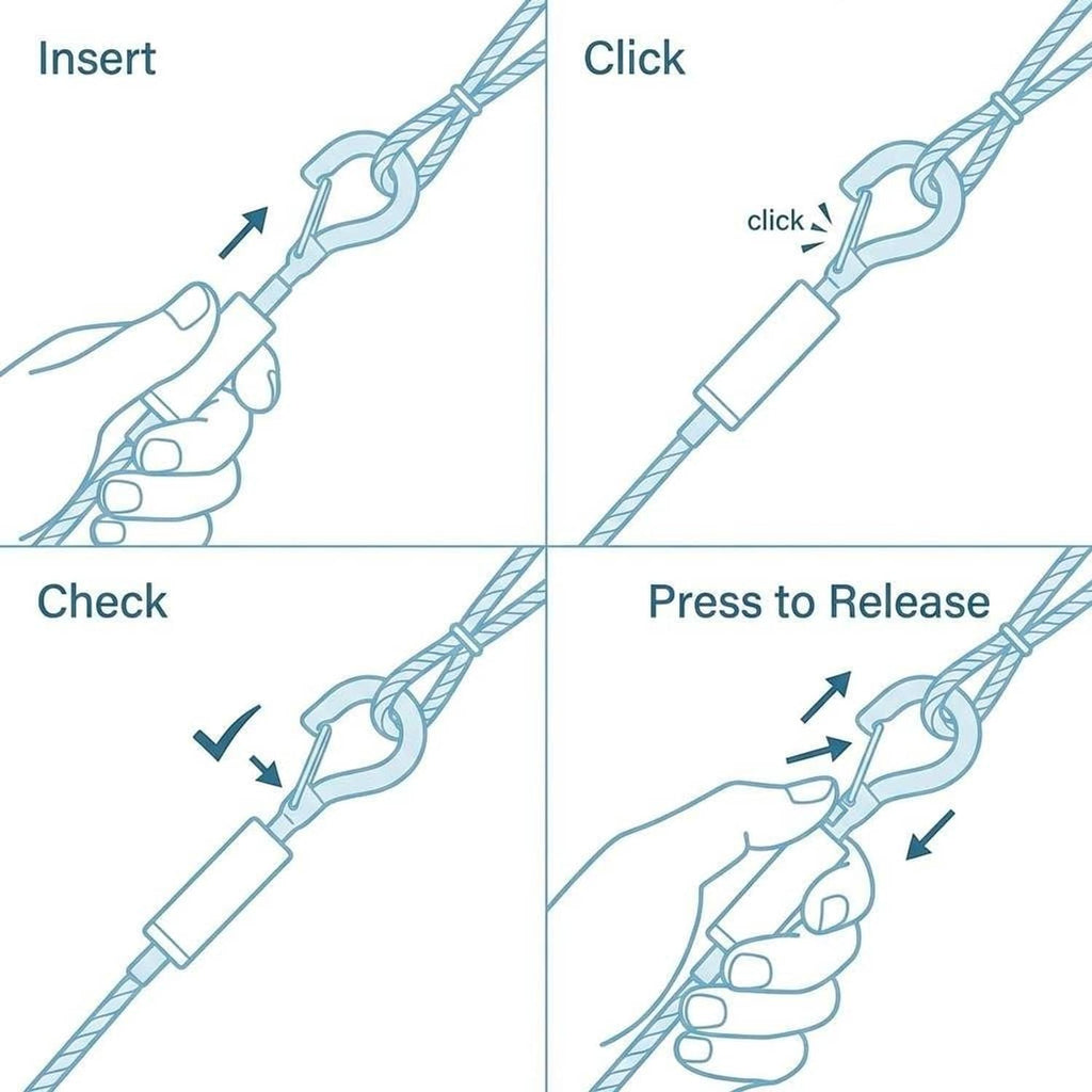 QWORK locking wire rope hanger instructions: insert, check, click, press to release
