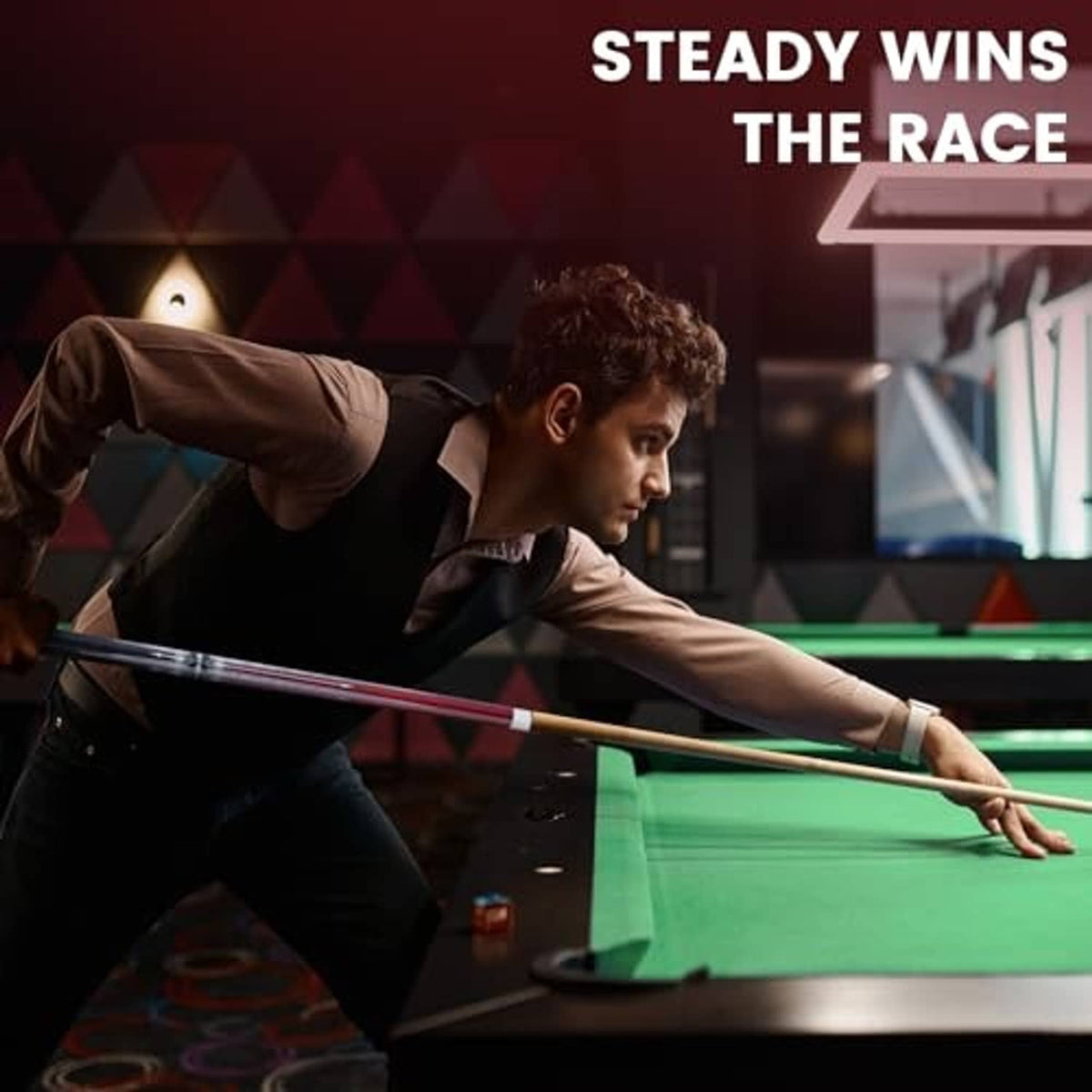 Pool cue in use by player at a table, cue tip aligned toward the green felt