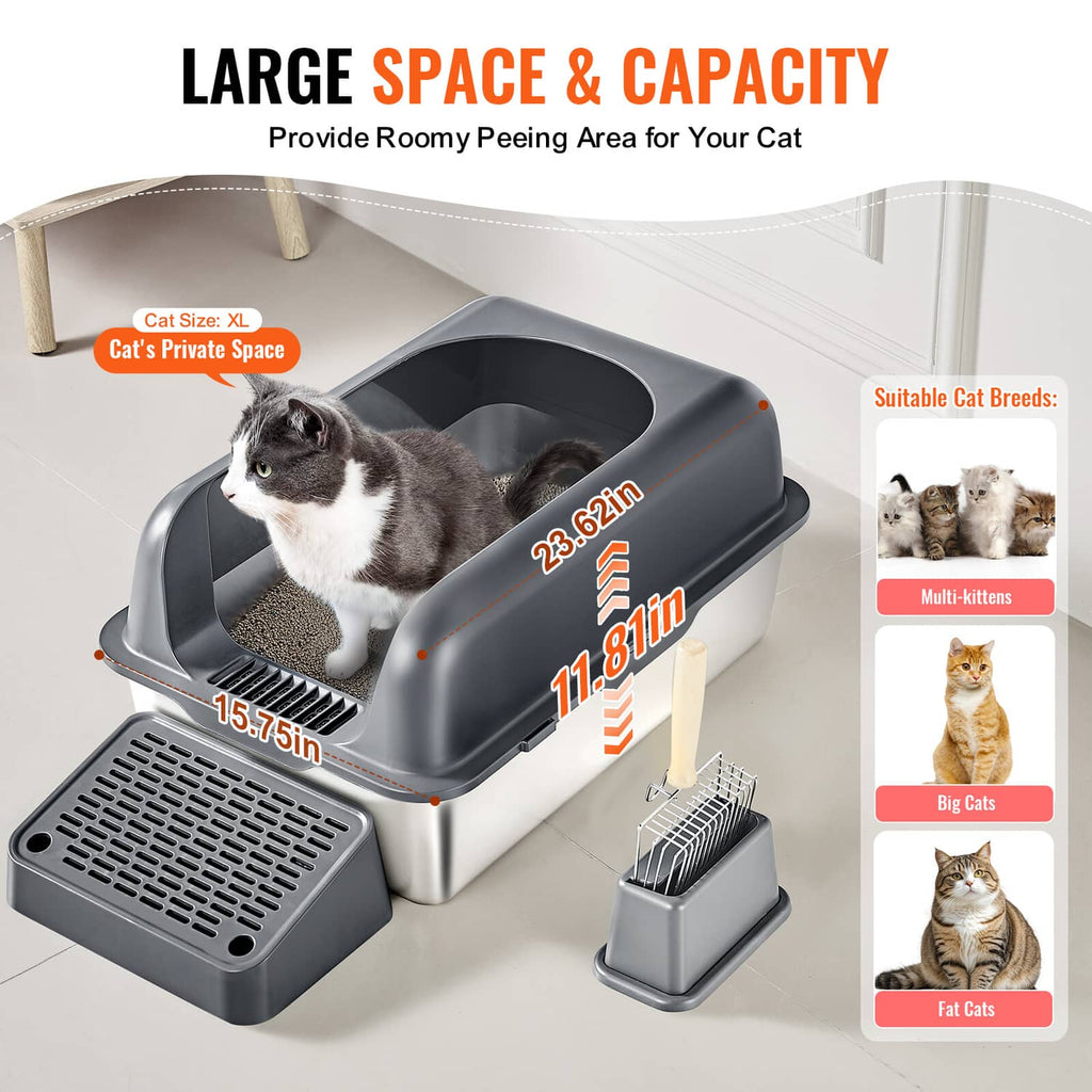 Large covered cat litter box with roomy interior, detachable scoop and vented base tray