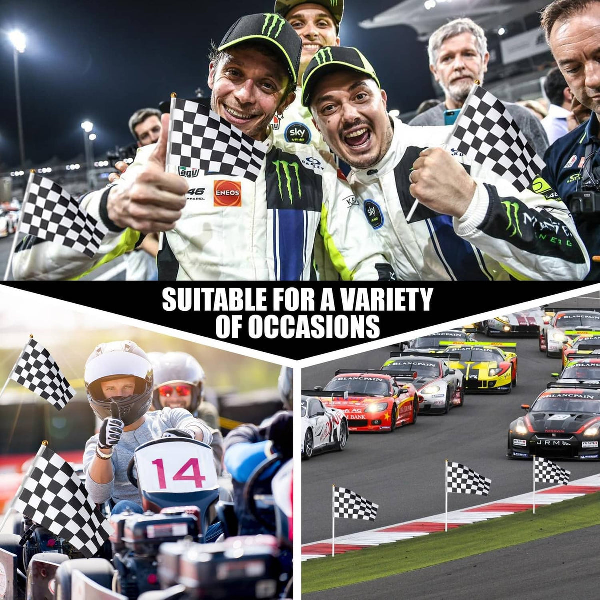 Black-and-white checkered race flags on sticks held by motorsport fans
