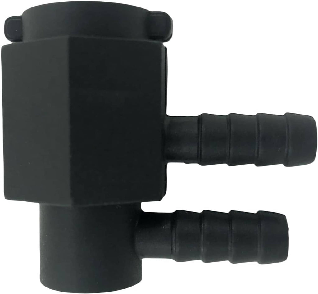 Black heater nozzle adapter with two barbed hose outlets and square body