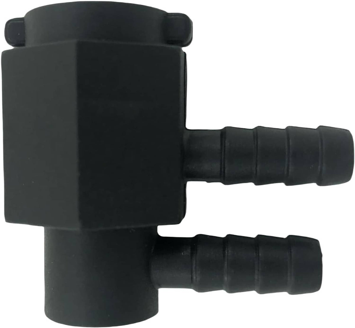Black heater nozzle adapter with two barbed hose outlets and square body
