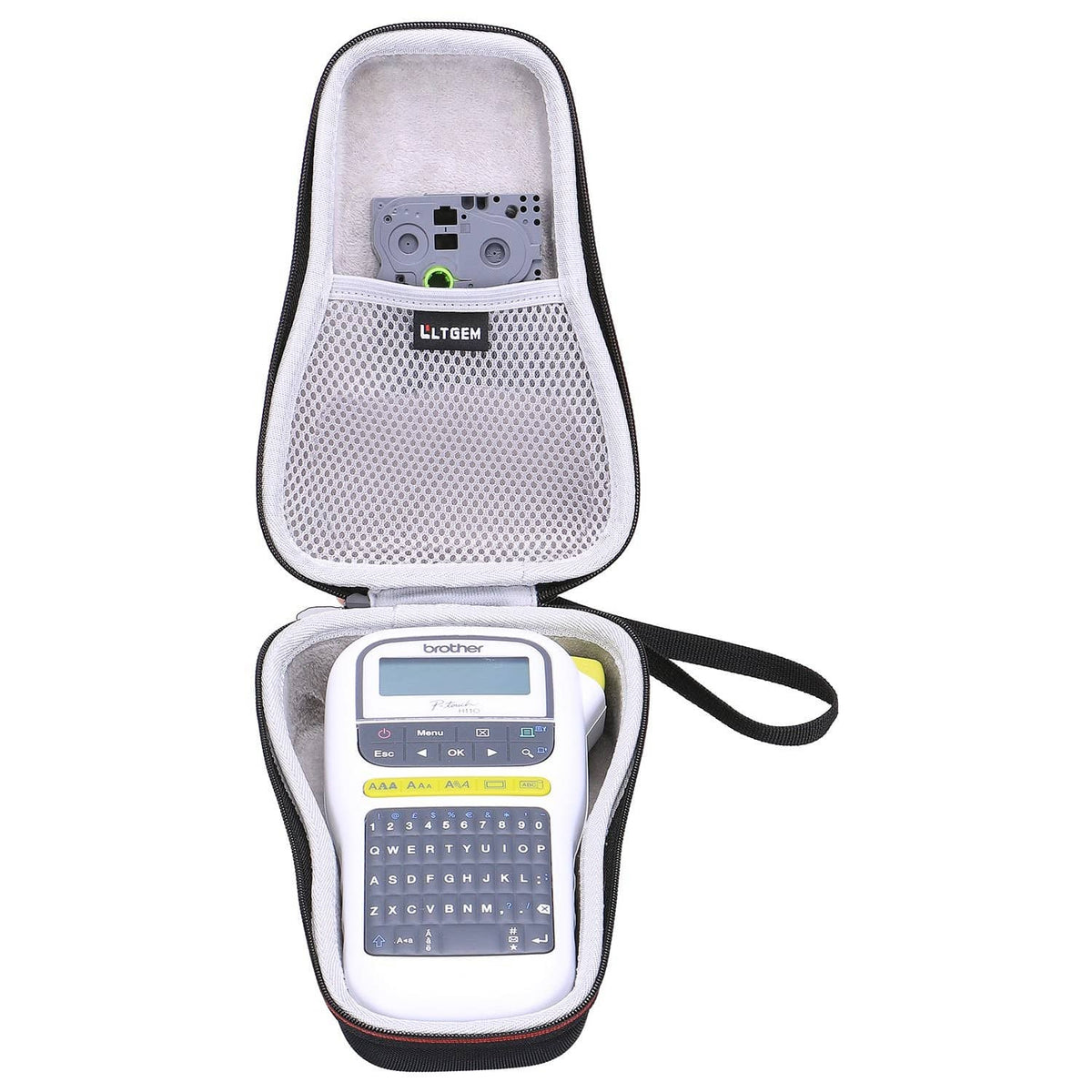 Hard-shell label printer case with zipper, wrist strap, and mesh pocket insert