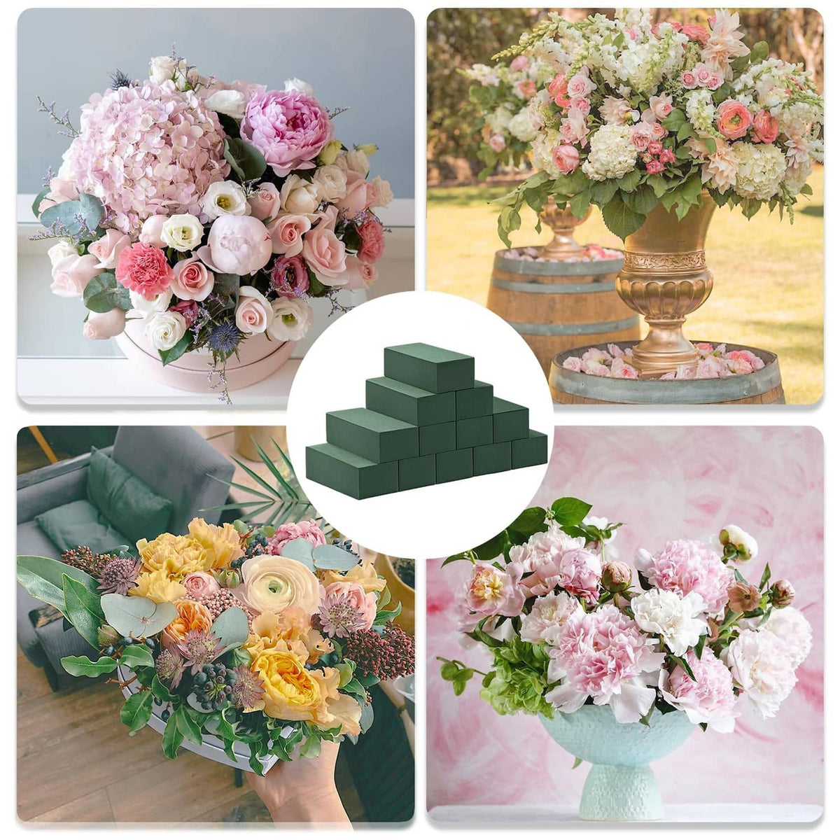 Dark green floral foam blocks set, shown beside multiple flower arrangements