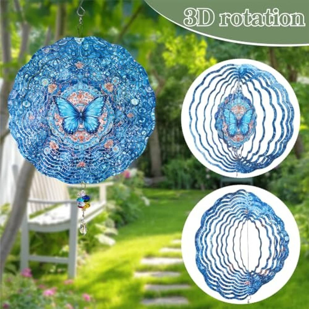 Blue 3D butterfly wind spinner with crystal dangling charm and spiral ring layers