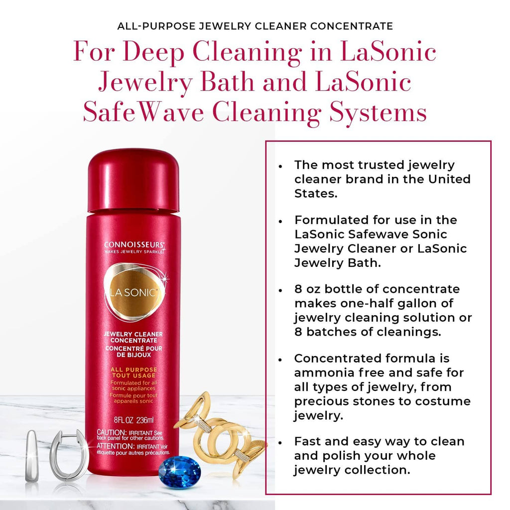 Red jewelry cleaner concentrate bottle with cap beside a cleaning directions box