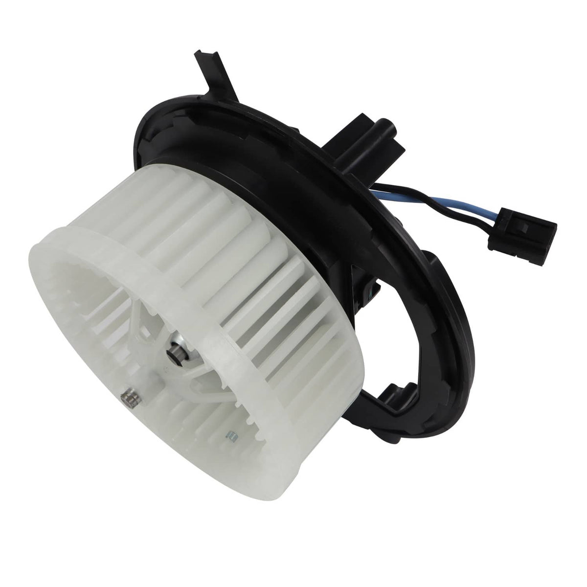 HVAC blower motor with white fan wheel, black shroud, and wiring plugs