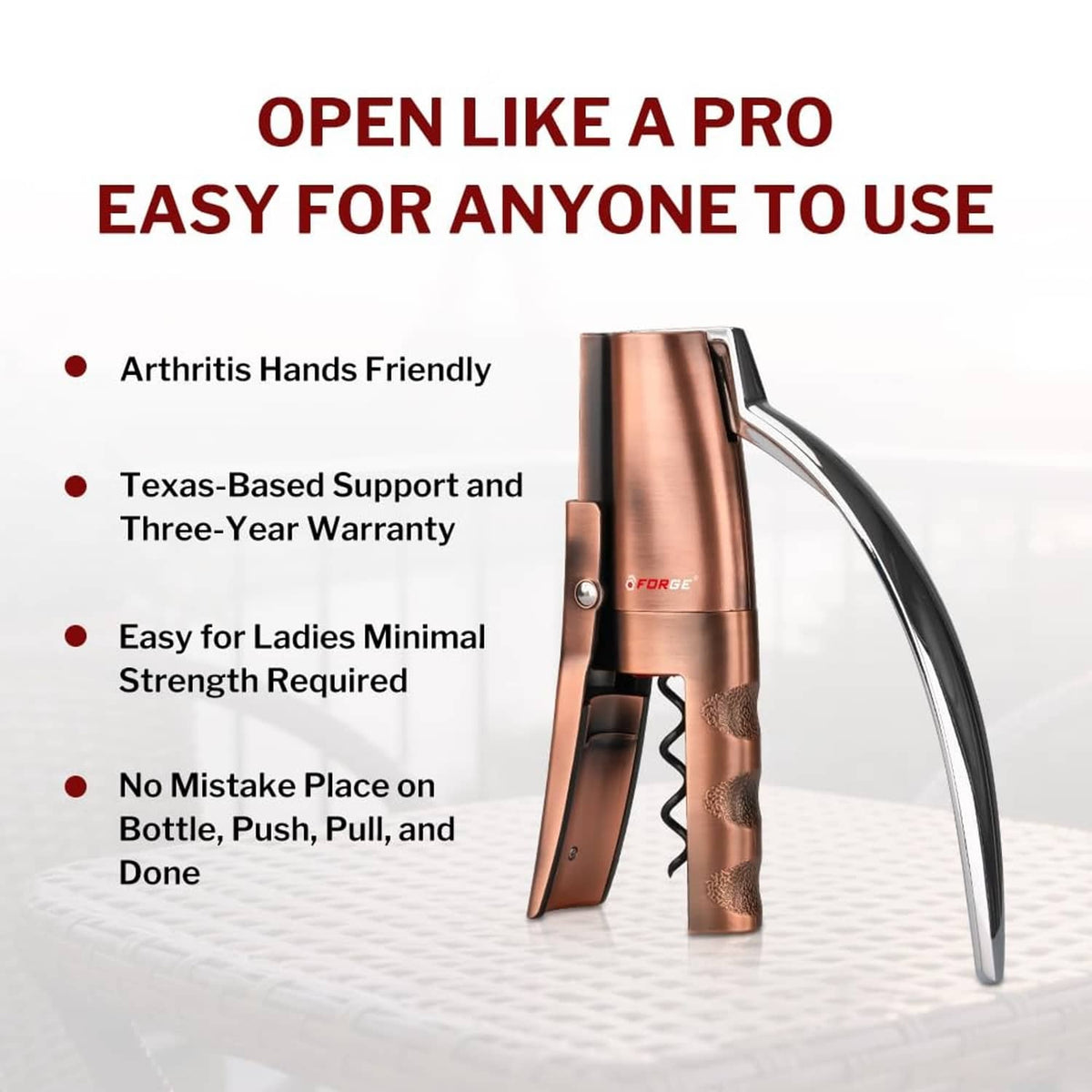 Copper lever wine bottle opener with black base, vertical cork removal mechanism
