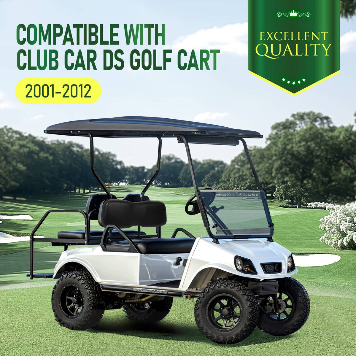 Black front seat cushions on a golf cart