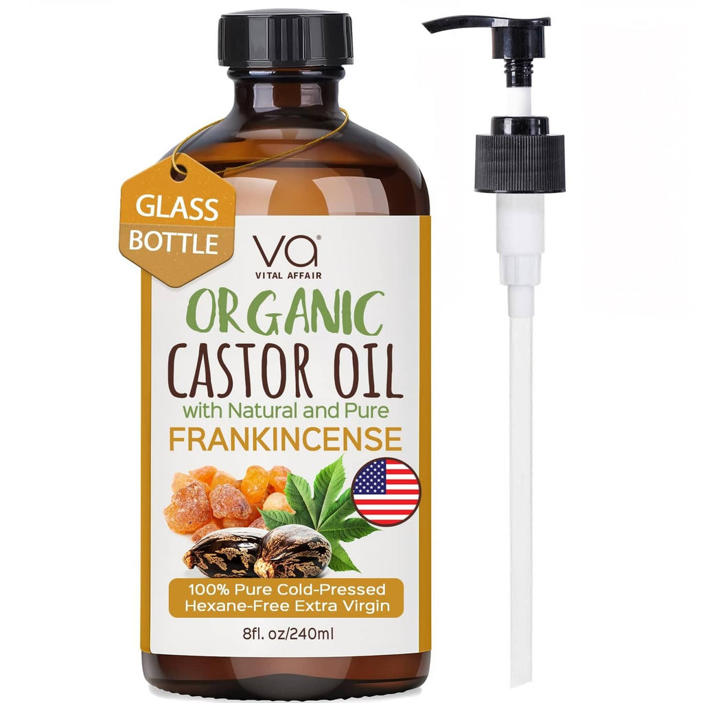 Organic castor oil with frankincense pump bottle, amber glass and black cap
