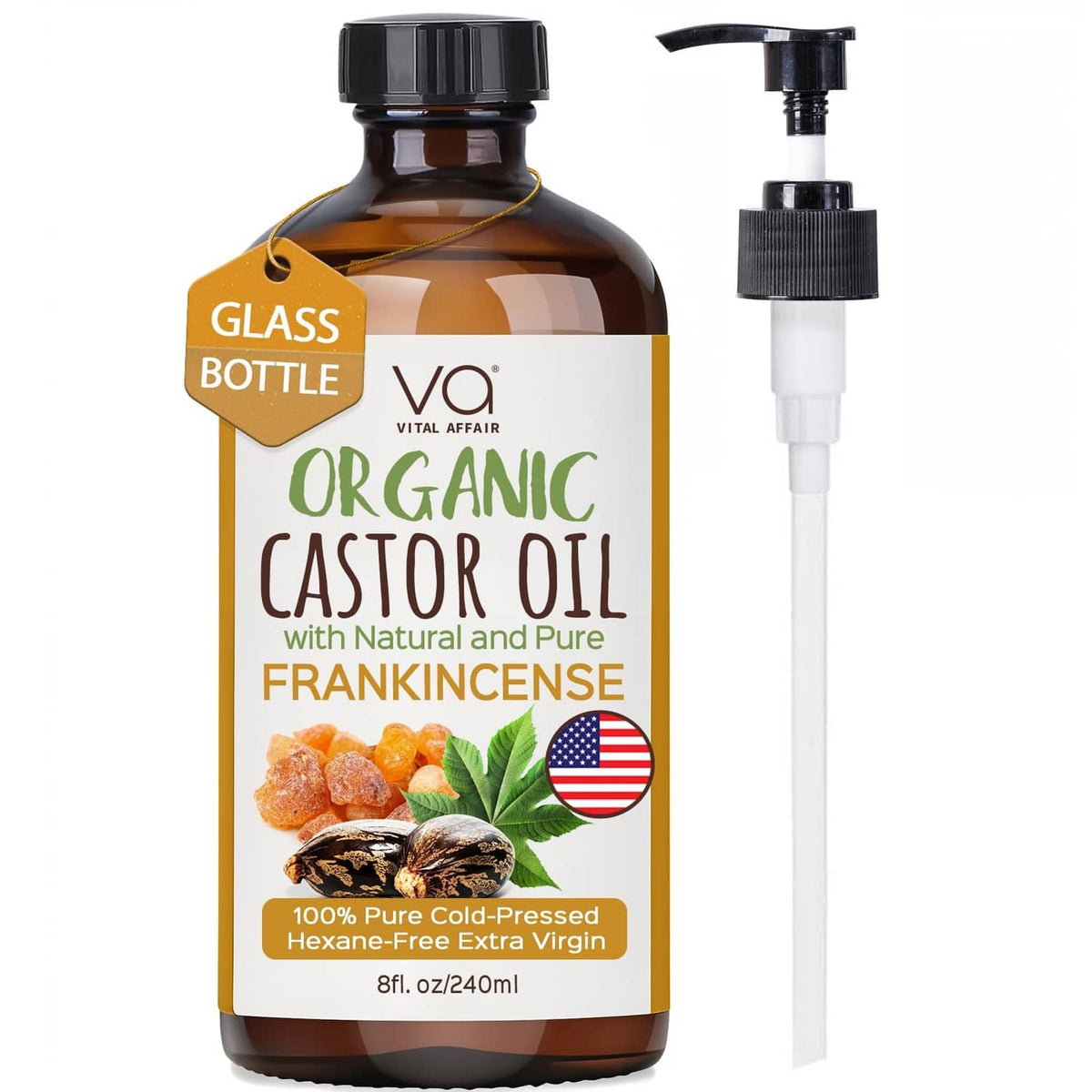Organic castor oil with frankincense pump bottle, amber glass and black cap