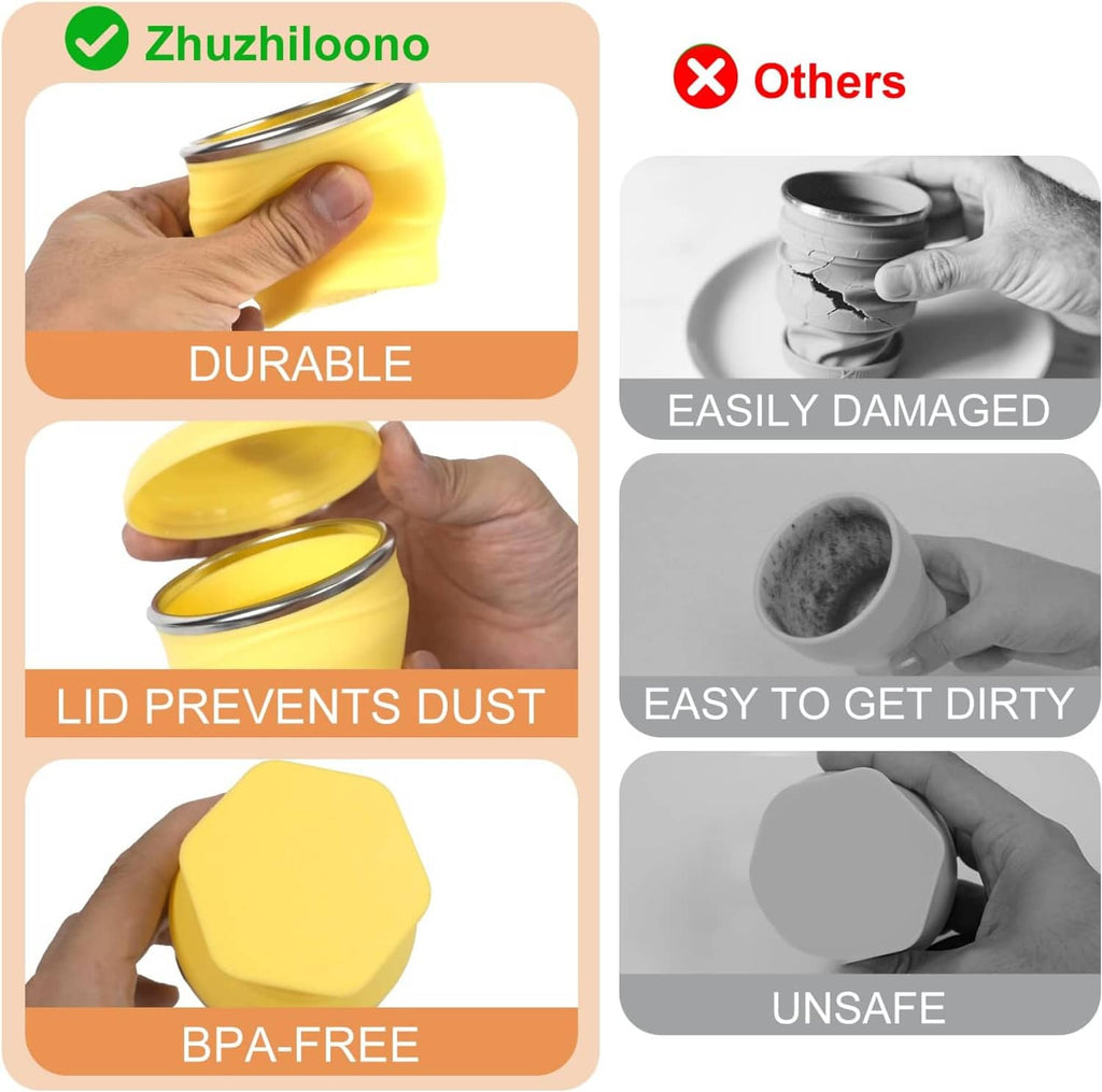 Yellow silicone collapsible travel cup with lid, compact fold with dust-cover top