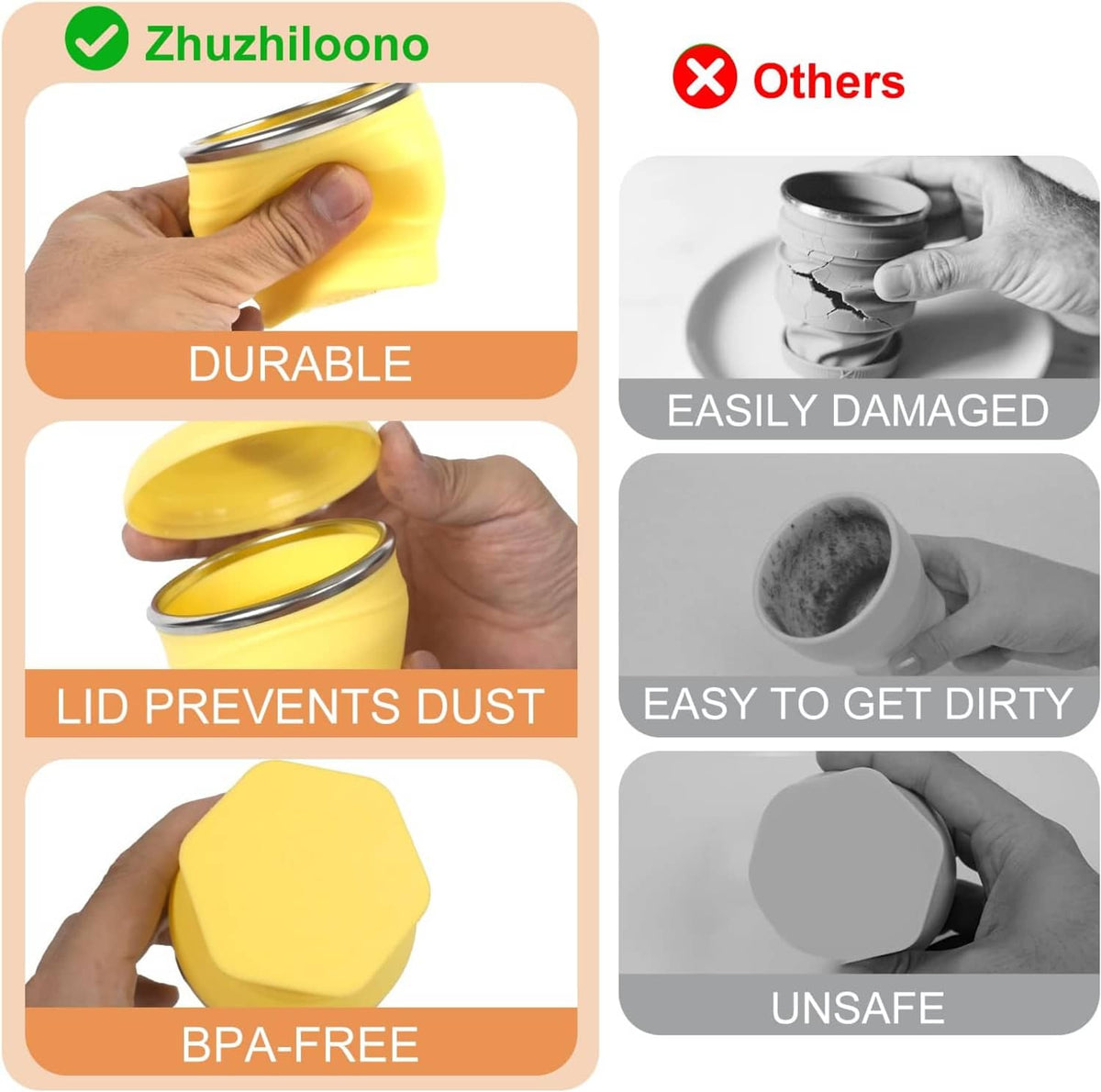 Yellow silicone collapsible travel cup with lid, compact fold with dust-cover top