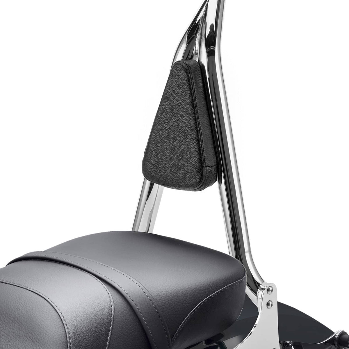 Black padded passenger backrest cushion on chrome sissy bar support