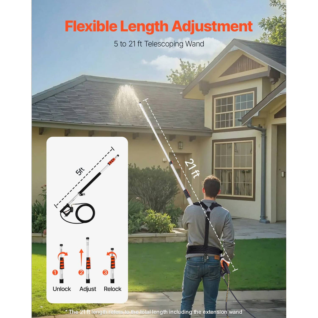 Telescoping pressure washer wand with adjustable length controls and carry harness
