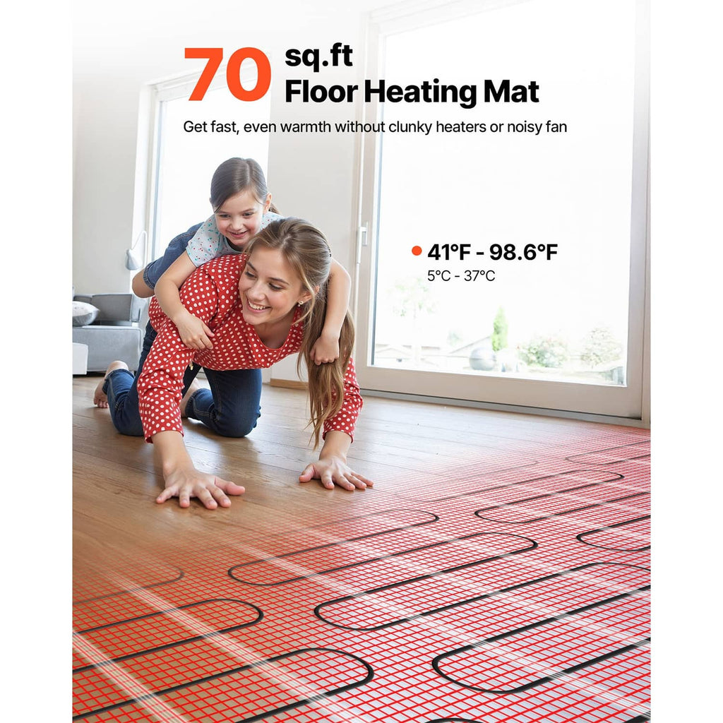 Red radiant floor heating mat laid flat with wire loops and connected black power cable