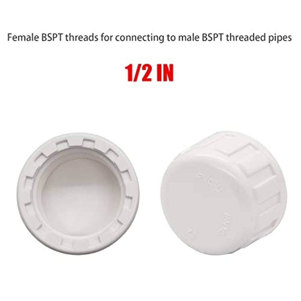 White PVC plug adapter showing female thread opening and outer ridged cap