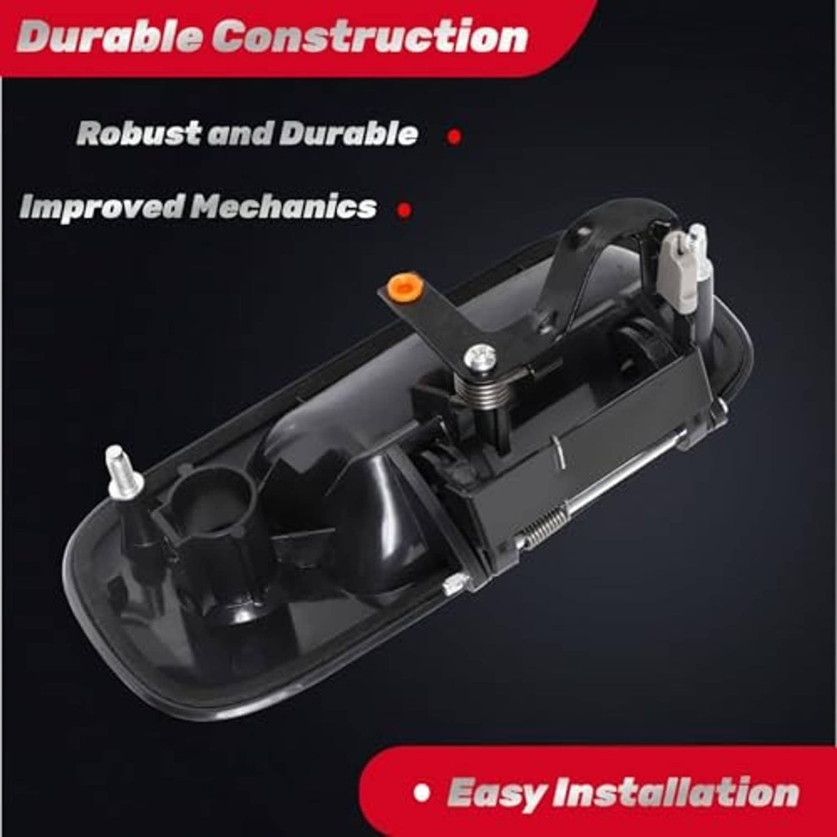 Black door handle assembly with internal metal latch mechanism and springs