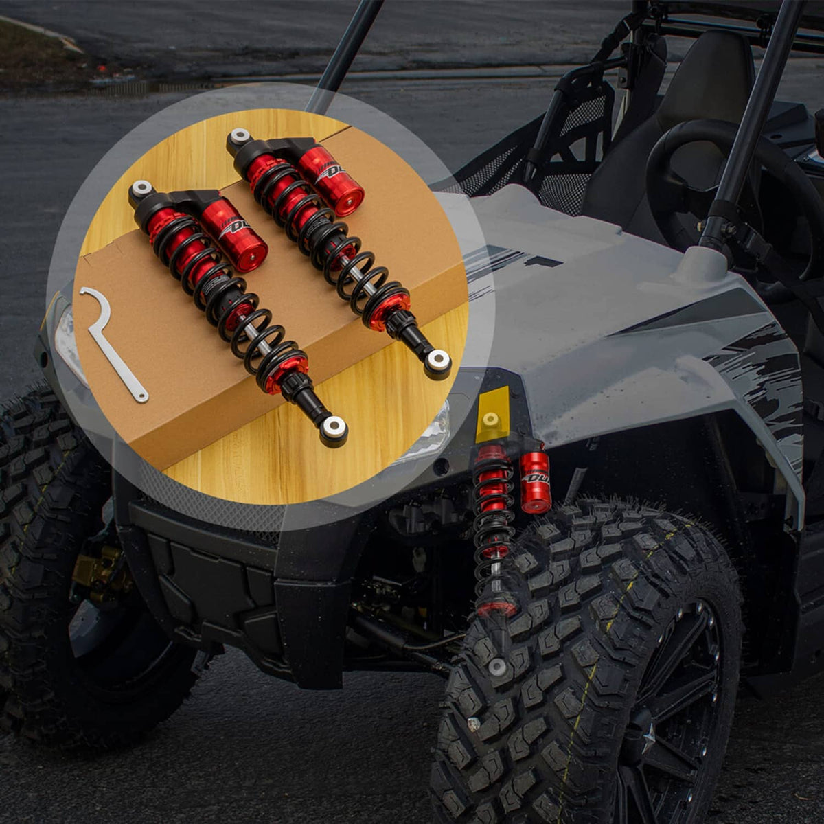 Red coilover shock absorbers with silver mounts and springs, front and rear set