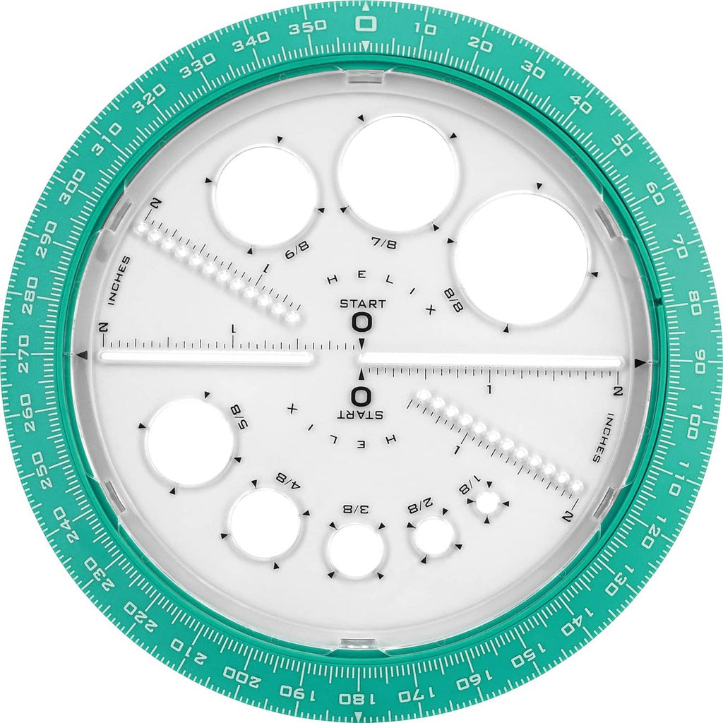 Angle and circle maker with green protractor ring and white template disc with cutouts