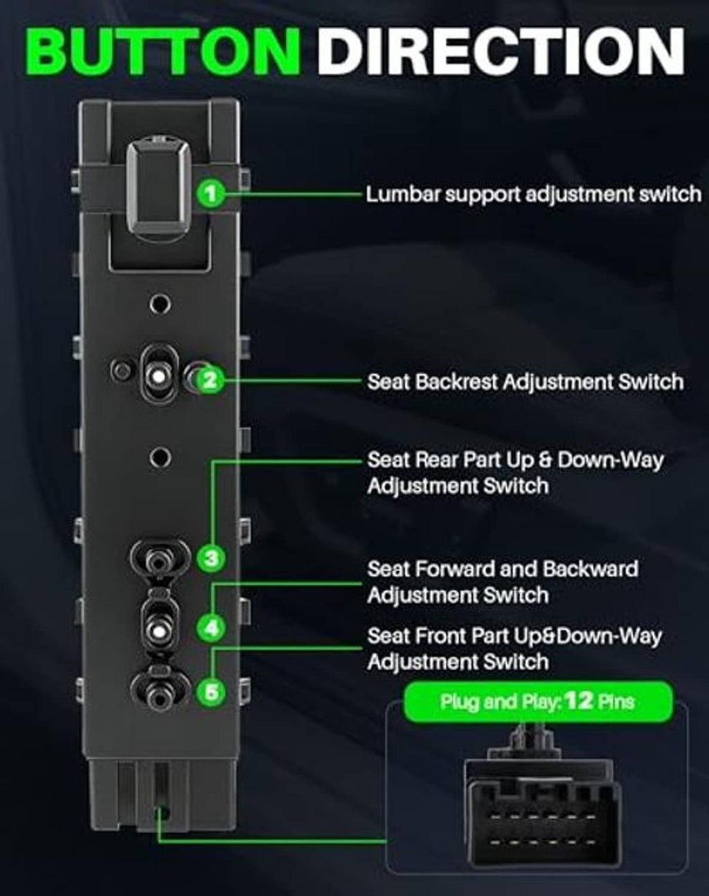 Black switch module showing adjustment button locations and multi-pin connector