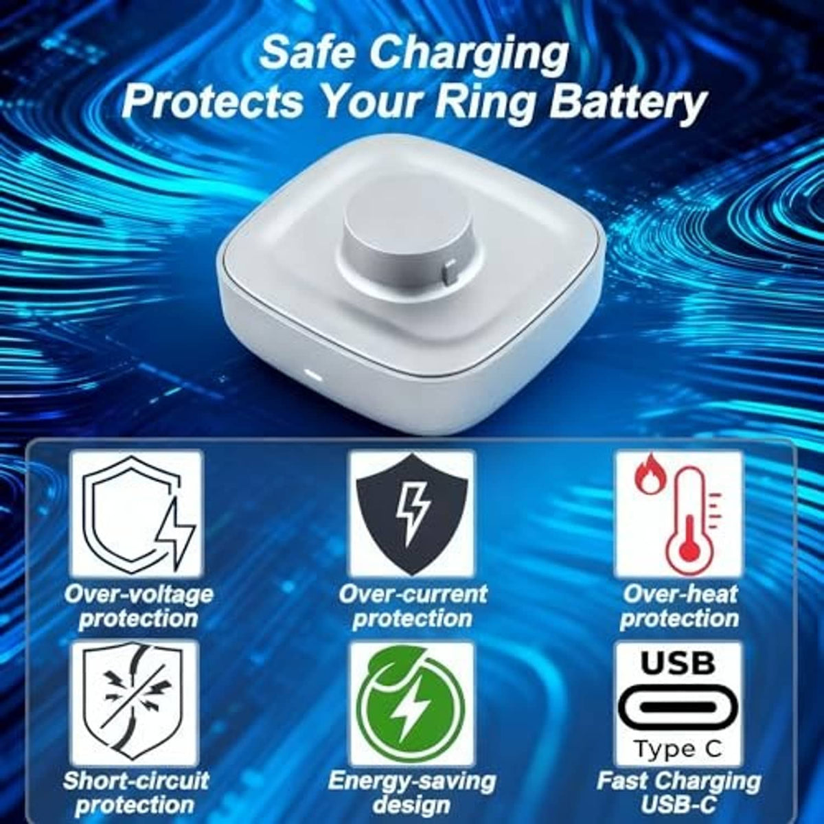 White smart ring charging dock with metal contact, safety protection icons shown