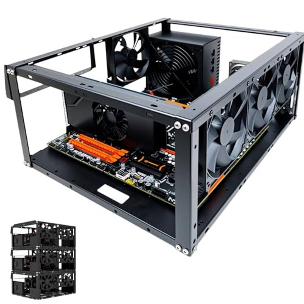 Open-frame PC case with exposed cooling fans and graphics card mounts