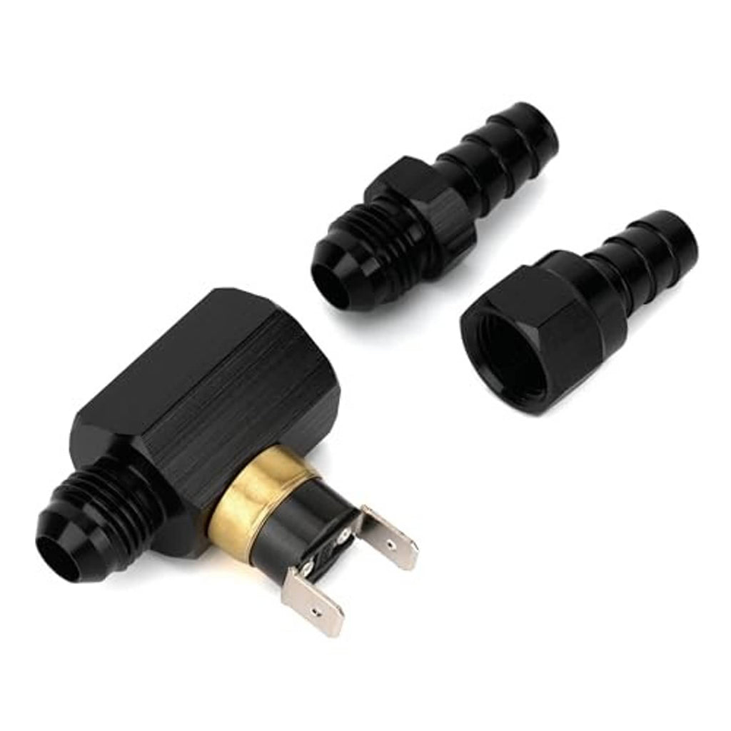 In-line thermostat switch assembly with black barbed fittings and brass sensor base