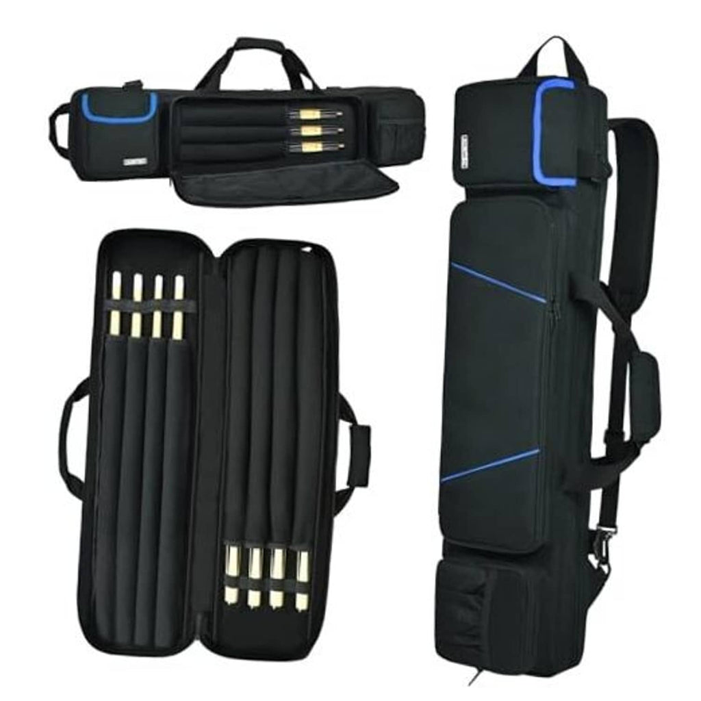 Black padded pool cue case bag with blue trim and backpack-style straps