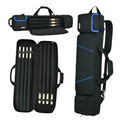 Black padded pool cue case bag with blue trim and backpack-style straps