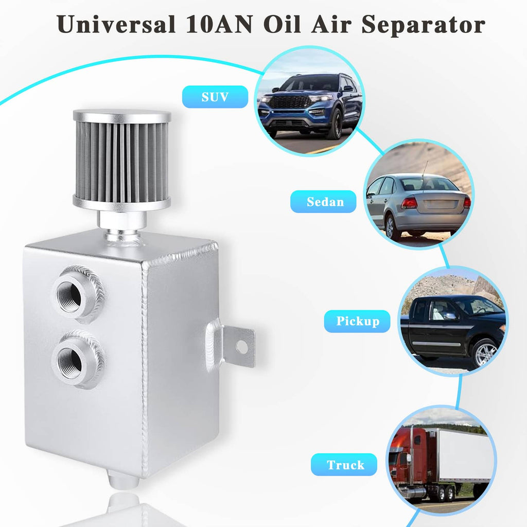 Universal oil catch can with breather filter and AN10 inlet/outlet ports
