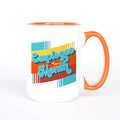 Orange-and-white ceramic mug with 'Employee of the Month' graphic and orange handle