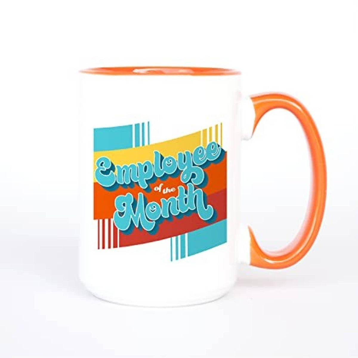 Orange-and-white ceramic mug with 'Employee of the Month' graphic and orange handle