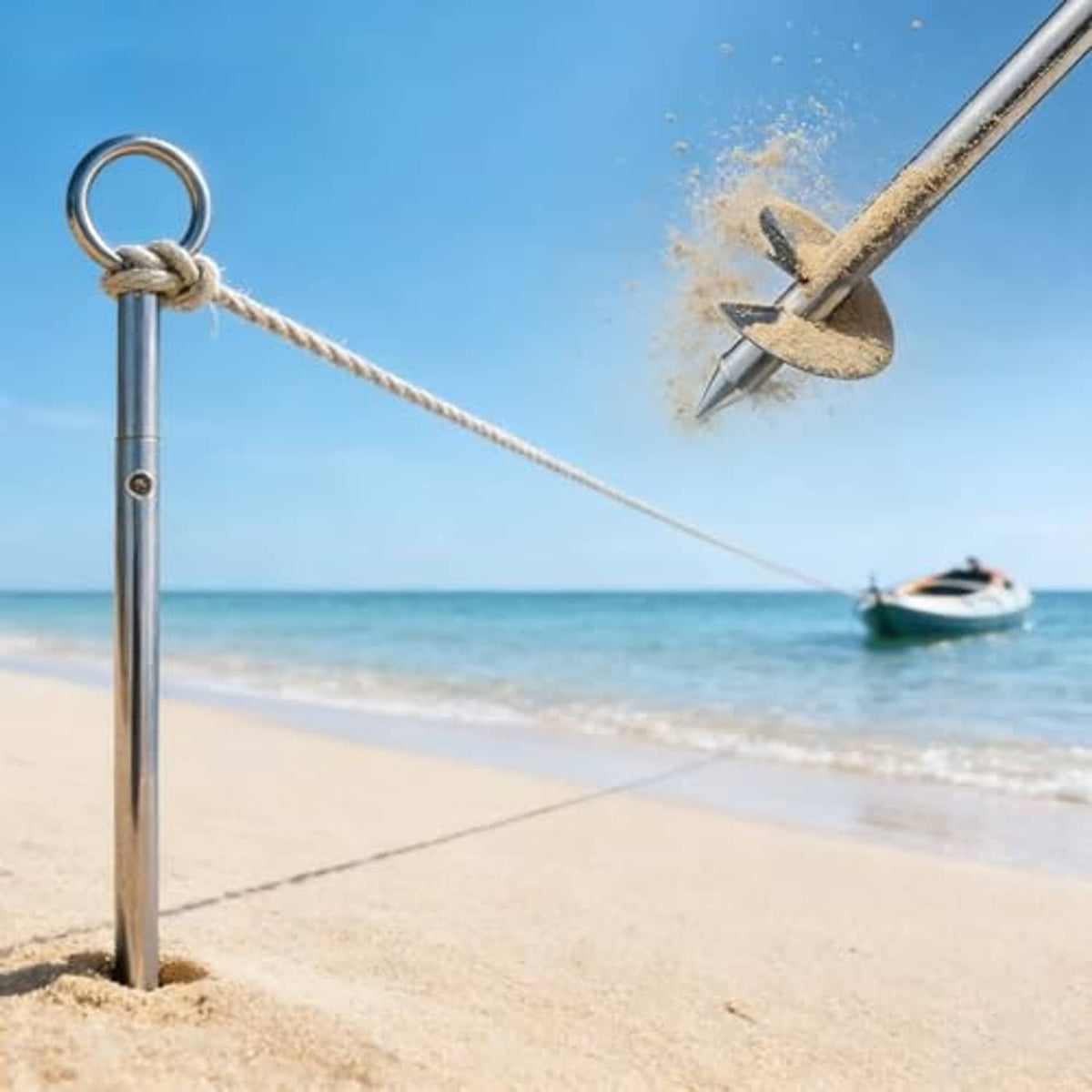Heavy-duty stainless sand auger anchor with rope line and circular eye ring