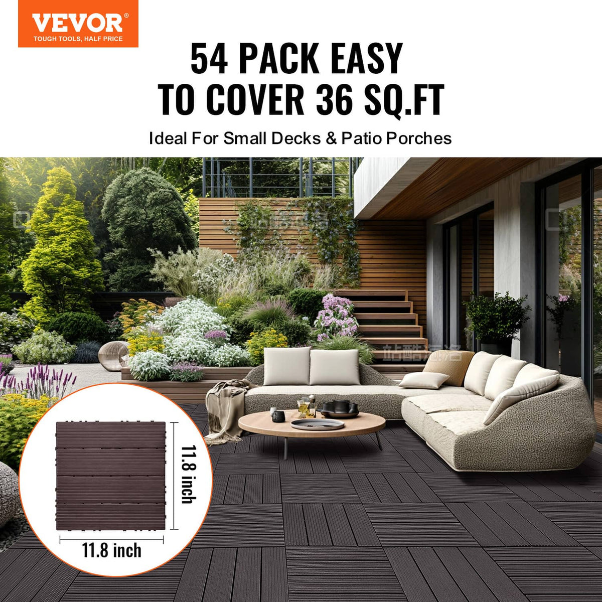 Dark brown interlocking deck tiles measuring 12 x 12 inches with grid pattern