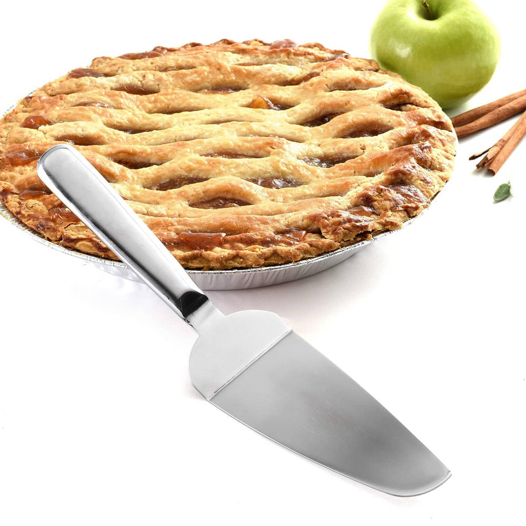 Norpro stainless steel pie/cake spatula under a baked pie, wide angled blade