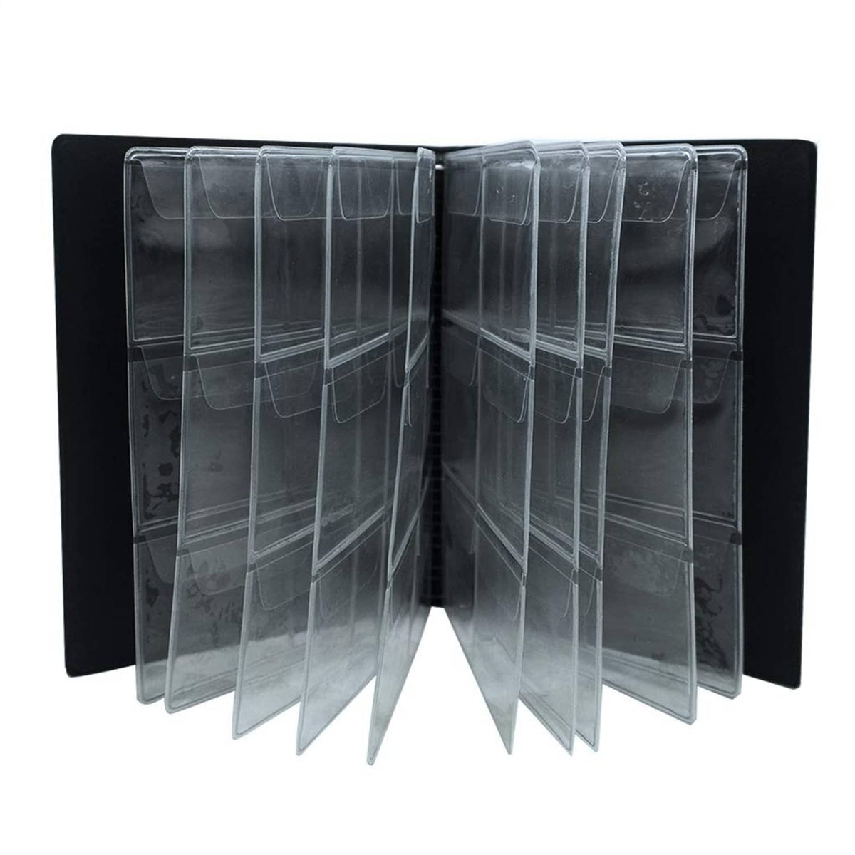 Coin collection album open to show clear plastic coin pockets inside pages