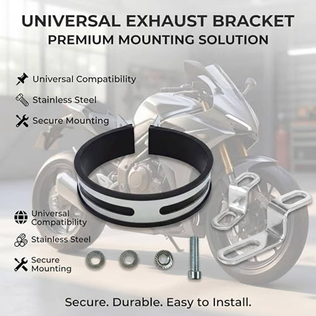 Universal exhaust hanger clip kit: rubber-lined clamp ring, two Z brackets, mounting hardware