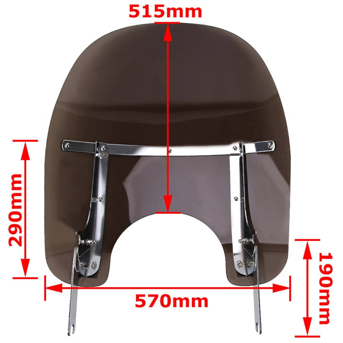Windshield size diagram showing measurements with metal mounting brackets