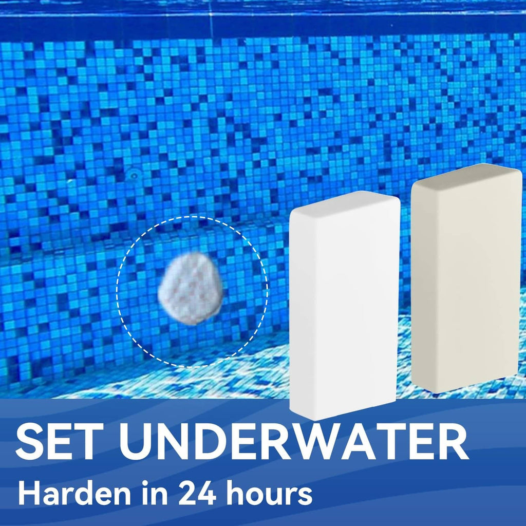 Two white pool epoxy putty blocks and a round white patch on tiled pool wall