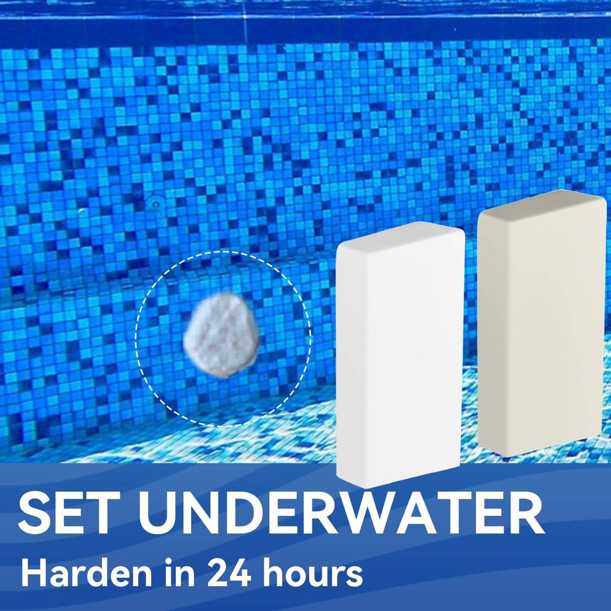 Two white pool epoxy putty blocks and a round white patch on tiled pool wall