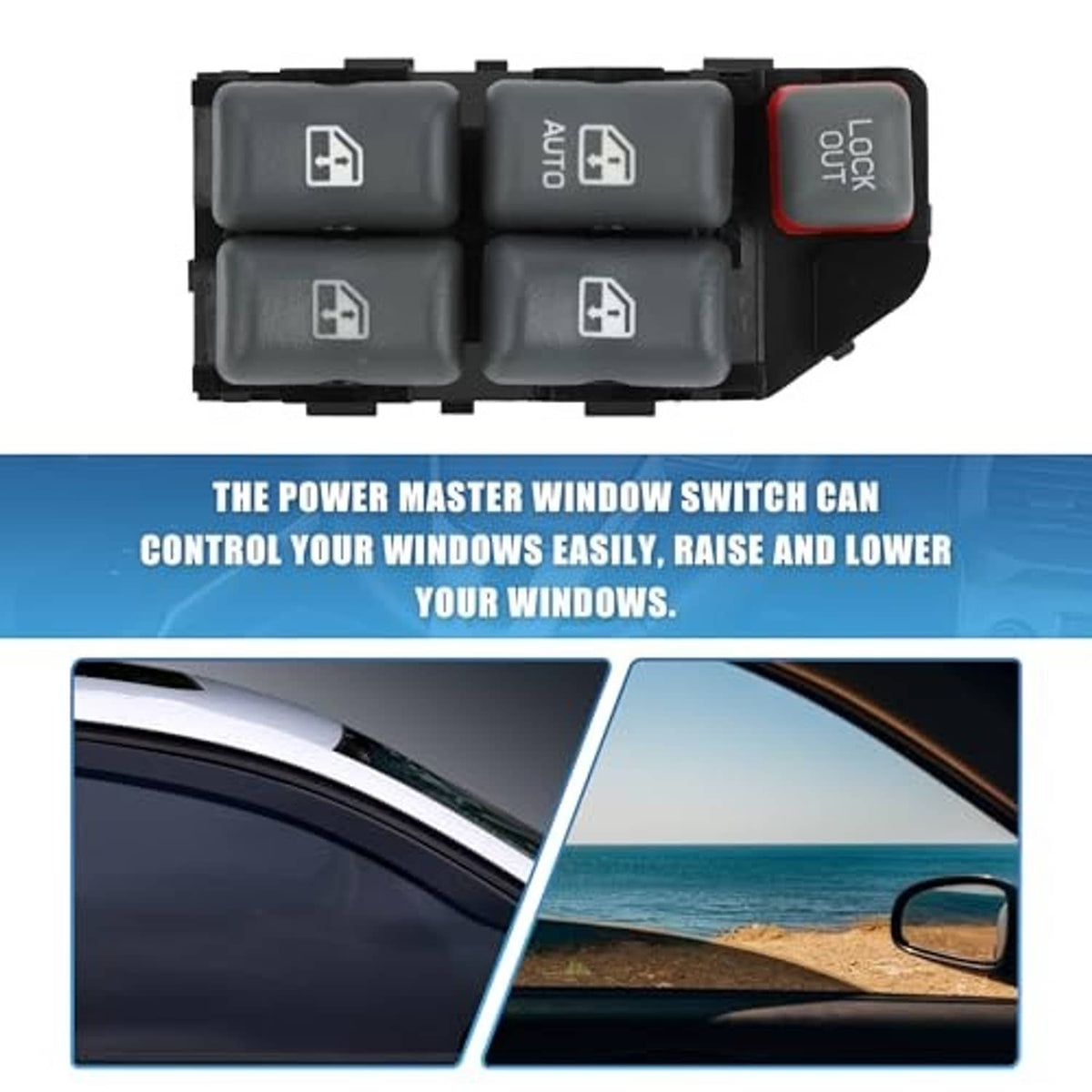 Power window master switch with four gray buttons and red LOCK OUT button