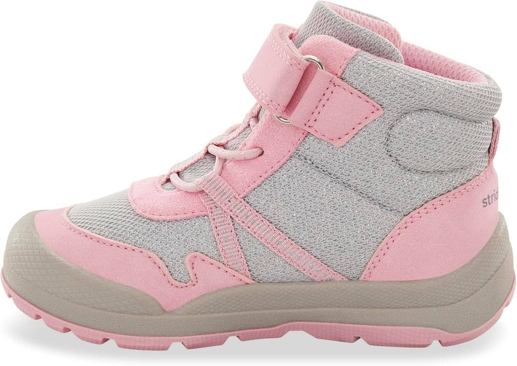 Kids' high-top sneakers in gray and pink with hook-and-loop strap and lace details