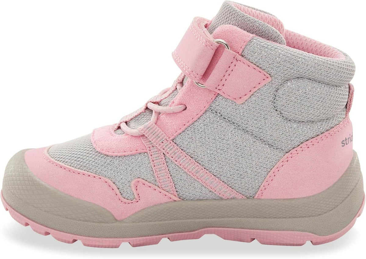 Kids' high-top sneakers in gray and pink with hook-and-loop strap and lace details