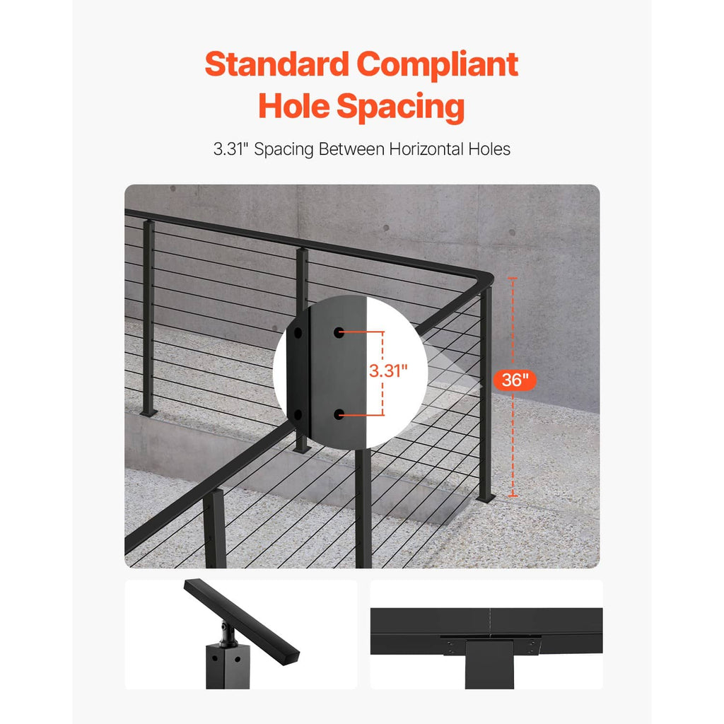 Black cable railing post corner section with multiple drilled holes