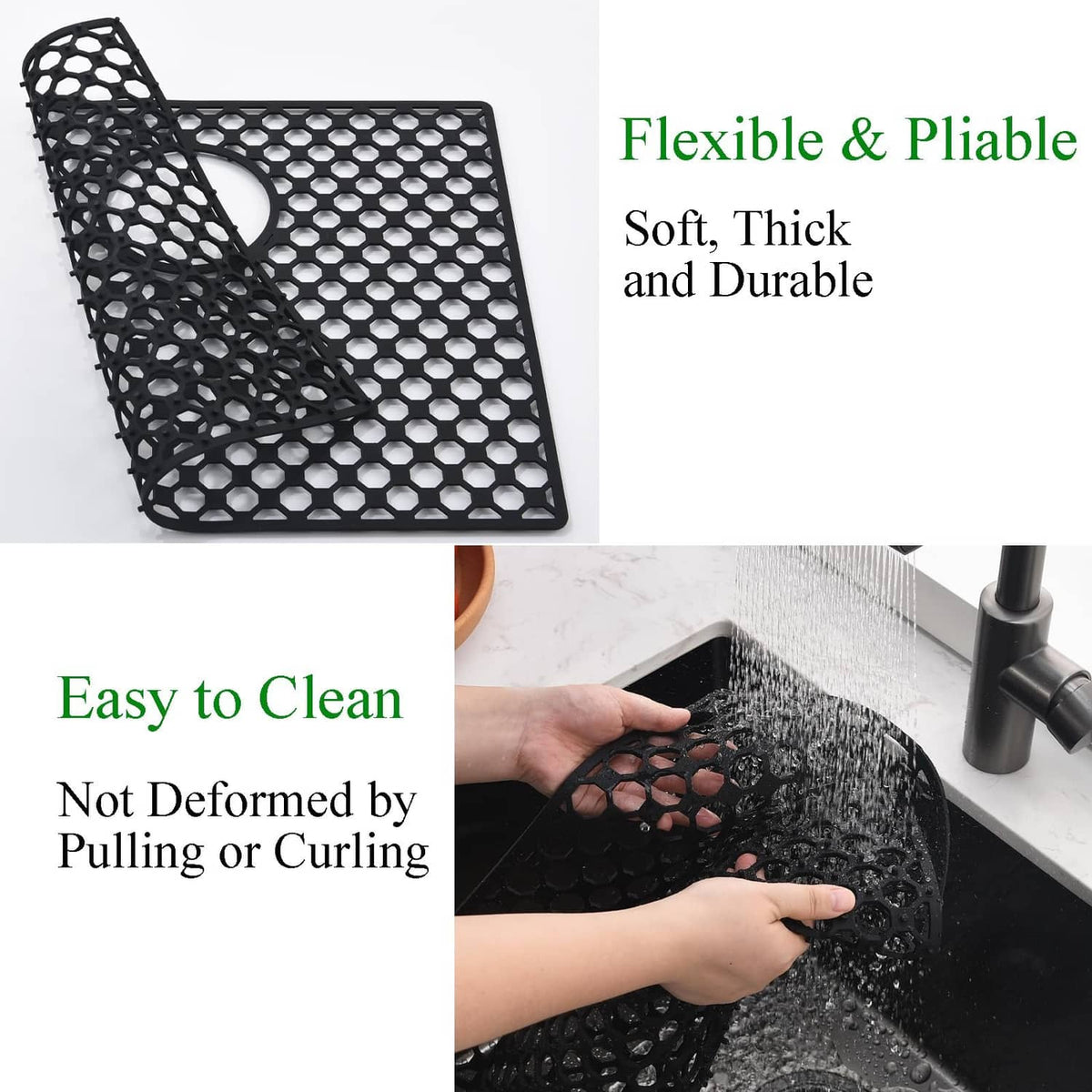 Black silicone sink mat folded and shown above a sink with hexagonal hole pattern