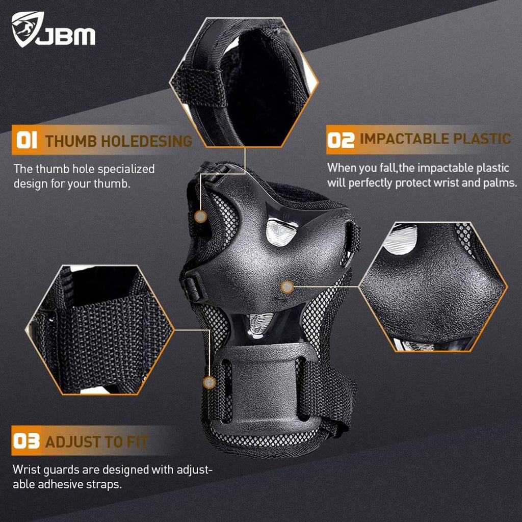 Black wrist guard with thumb hole and cushioned straps plus molded protective plastic plate.