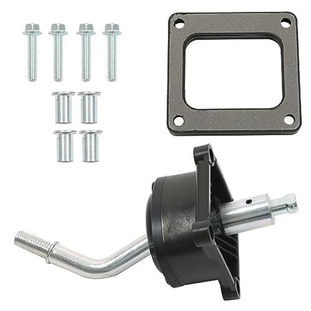 Manual transmission shifter kit with black housing, silver shift lever, gasket plate and screws