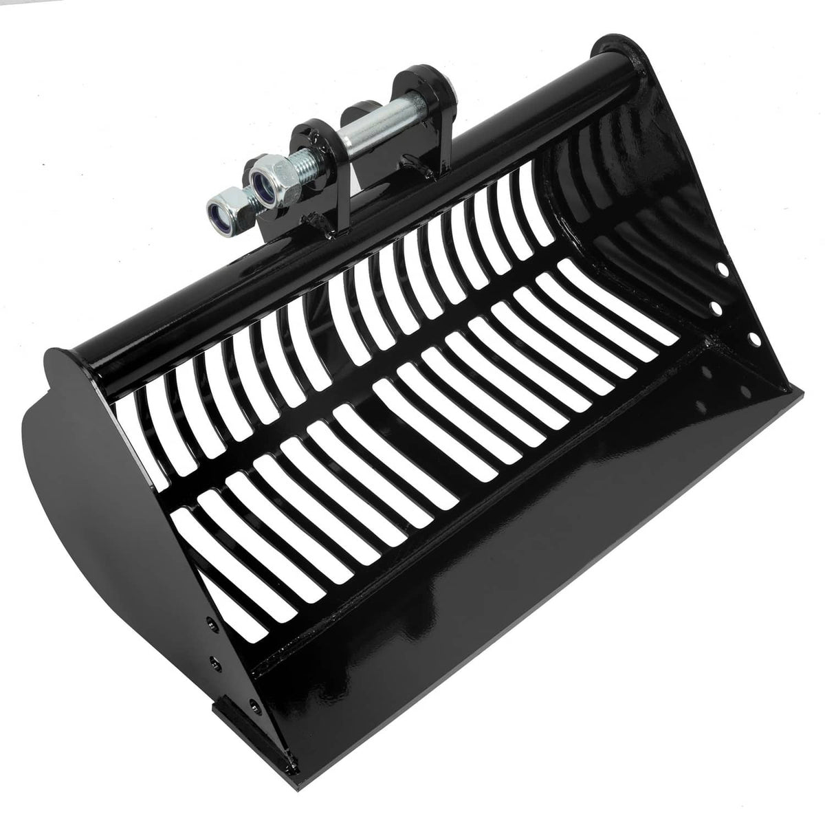 Black screening bucket attachment with ridged drum and front curved side guards